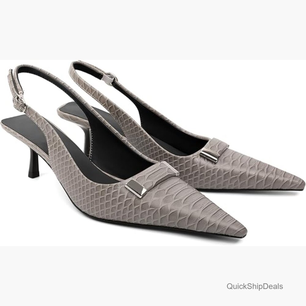 Pointed Toe Slingback Heels Metal Buckle Ankle Strap Kitten Low Heel Pumps